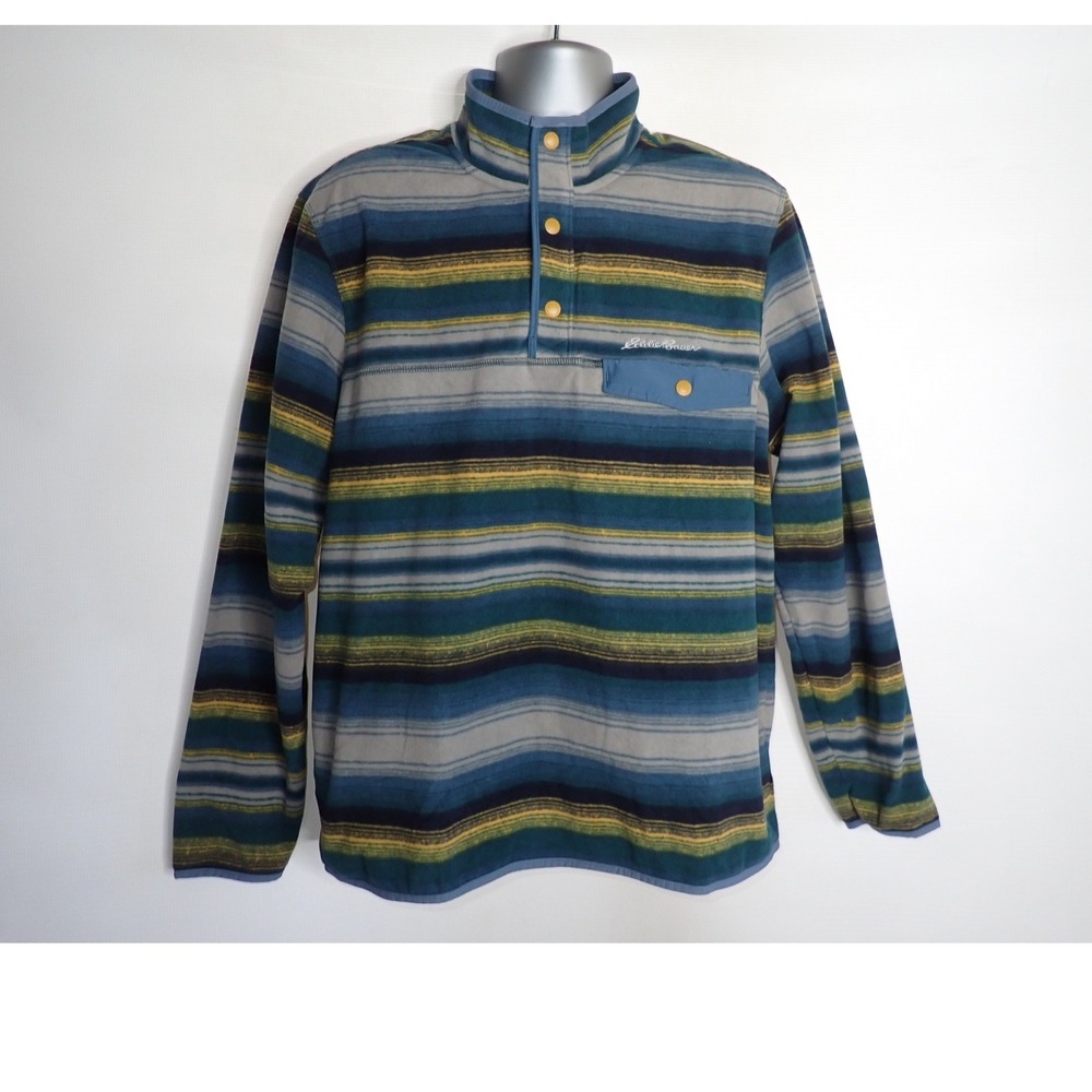 Eddie Bauer Fleece Snap Neck Shirt Mens L Blue Gray Stripe Outdoor Gorpcore Hike